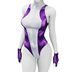 a female mannequin wearing a purple and white bodysuit