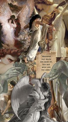 collage of angel images with words written in english and spanish on them, including an image of a woman holding a bird