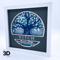 a white frame with a blue tree and the words, rich family on it's side