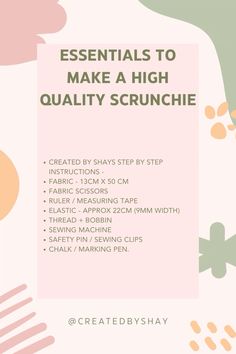 Essentials needed to make a scrunchie.  Learn to make your own scrunchies, start a hobby, business or make some for gifts.   *click link to watch video * How To Start A Scrunchie Business, Scrunchie Gift Ideas, Scrunchy Business, Scrunchie Business Name Ideas, Scrunchies Measurements, Scrunchies Logo, Scrunchies Business, Scrunchies Making