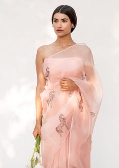 Kapardara-Powder Pink Silk Organza Sari-INDIASPOPUP.COM Organza Hand Painted Saree, Hand Painted Saree, Organza Sari, Painted Saree, Hand Painted Sarees, Hand Painted Fabric, Indian Fashion Designers, Organza Saree, Silk Organza