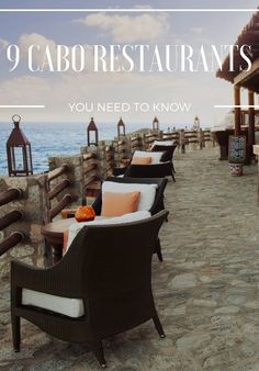 an outdoor seating area on the beach with text overlay that reads 9 cabo restaurants you need to know