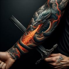 a man with a dragon tattoo on his arm holding two swords in front of him