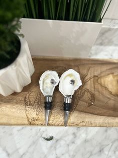 two white flowers sitting on top of a wooden cutting board next to a potted plant