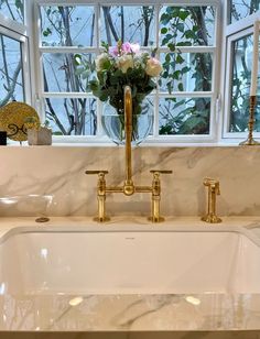 a white sink with gold faucets in front of a window and flowers on the ledge