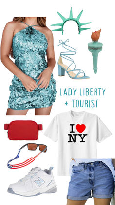 A humorous and iconic best friend Halloween costume featuring the Statue of Liberty and a tourist. The Statue of Liberty costume includes a green robe, spiked crown, and torch, while the tourist wears a loud Hawaiian shirt, shorts, sunglasses, a camera, and a fanny pack. This playful costume combination makes for a fun and creative duo look, perfect for besties dressing up for Halloween with a New York City theme. Friend Matching Halloween Costumes, Best Friend Matching Halloween Costumes, Statue Of Liberty And Tourist Costume, Funny Best Friend Halloween Costumes, Lady Liberty Costume, Statue Of Liberty Costume, Tourist Costume, Costumes 2024