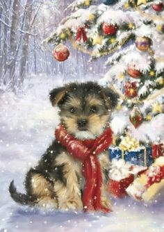 a painting of a small dog wearing a red scarf sitting in front of a christmas tree