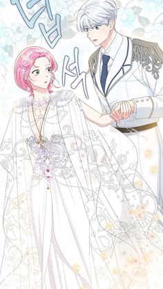 two people dressed in wedding clothes and one is holding the hand of another person with pink hair