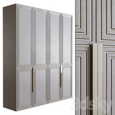 a large white cabinet next to a tall gray cabinet with doors on both sides and an image of the same wall