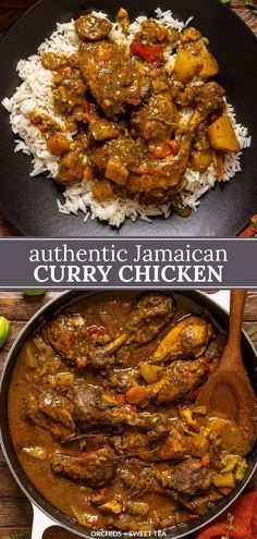 the authentic jamaican curry chicken recipe is ready to be eaten and served on top of rice