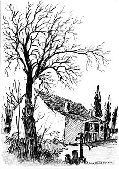 a black and white drawing of a tree in front of a house with no leaves