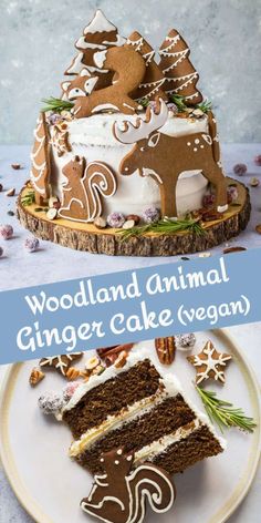 two different cakes on plates with the words woodland animal ginger cake vegan above them