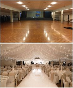 the inside and outside of a large ballroom with white linens on the dance floor