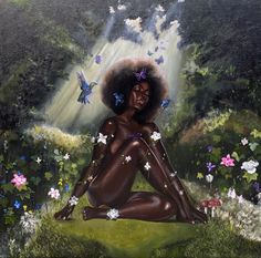 a painting of a woman sitting in the grass with butterflies around her head and body