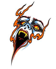 a drawing of a face with flames coming out of its mouth and eyes on it