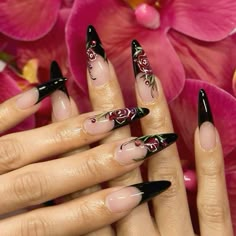 Almond black #frenchnails with roses French Tip Almond, Cut Dog Nails, Black French Tip Nails, Vacay Nails, Nail Options, Work Aesthetic, Nail Trimming, Goth Nails, A Vet