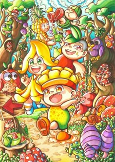 an image of some cartoon characters in the forest with mushrooms and other things around them