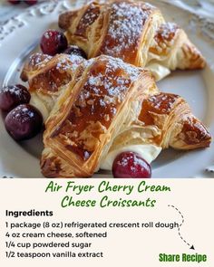 an advertisement for some kind of pastry with cherries on the top and cream cheese croissants below