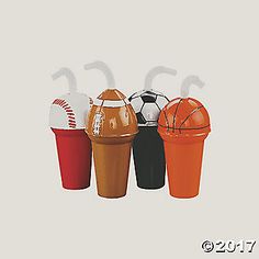 three different colored cups with sports balls on them