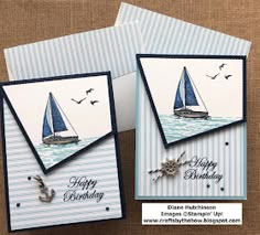 two cards with sailboats on them and the words happy birthday written in black ink