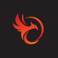 an orange and red bird logo on a black background