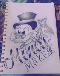 a drawing of a cartoon character with the words money maker written in cursive writing