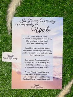 a memorial card with the poem in loving memory of a very special uncle on it