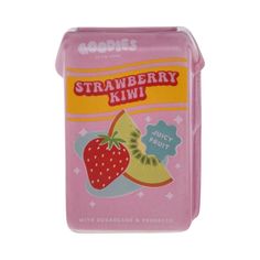 a pink lunch box with strawberries and kiwi on it