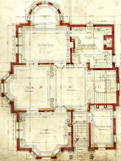 an architectural drawing of a house with red and white lines on the floor, and two stories