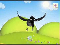 a black bird flying over a lush green hillside