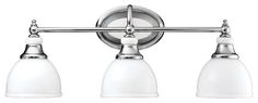 three light bathroom fixture in chrome finish with white glass shades on the sides and arms