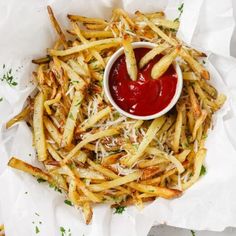 french fries with ketchup and parmesan cheese