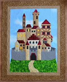 a quilted picture of a castle with a path leading to it's entrance