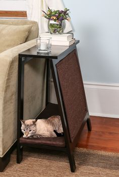 a cat laying on top of a chair next to a table