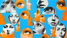 an image of many different women's faces with orange and blue collages