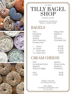 a menu for bagel shop with different types of doughnuts and cream cheese