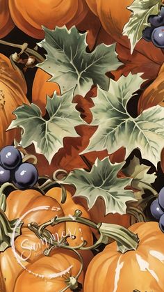 a painting of pumpkins and grapes with leaves