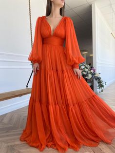 Oreoles Draped Gown | Teuta Matoshi Teuta Matoshi, Orange Chiffon, Drape Gowns, Drape Maxi Dress, فستان سهرة, Ball Gowns Prom, Prom Dresses With Sleeves, Guest Dress, Prom Dresses Long With Sleeves