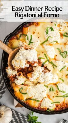 an easy dinner recipe with ricotta and vegetables in a cast iron skillet on a table