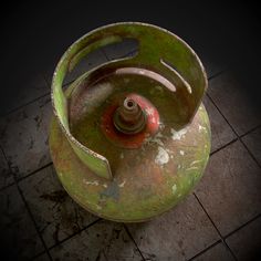 an old green and rusted fire hydrant on the ground with no one around it