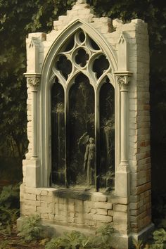 a statue is shown in front of a window