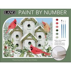 the paint by number kit includes two birds and three birdhouses with red cardinals on them