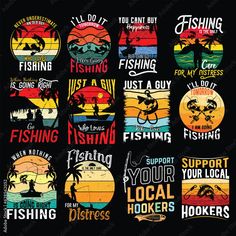 the different types of fishing stickers are shown on a black background, and there is also