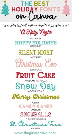 the best Canva fonts for Christmas Canva Christmas List, Christmas Alphabet Fonts, Cricut Christmas Presents, Holiday Fonts Alphabet, Canva Christmas Cards, Canva Christmas Fonts, Christmas Creatives