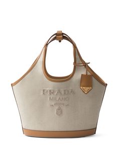 beige/brown linen-cotton blend logo print to the front leather trim logo tag two top handles main compartment internal zip-fastening pocket internal logo patch Goyard Wallet, Neutral Bag, Leather Key Ring, Prada Tote Bag, Medium Tote Bag, Media Logo, Lettering Logo, Leather Keyring, Prada Handbags