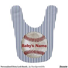 Personalized faux Dirty Baseball Baby Bibs for boys with his NAME or your text. CLICK HERE: http://www.zazzle.com/personalized_dirty_look_baseball_baby_bib-256080642805275997?rf=238012603407381242  Great for funny baseball baby shower gifts. Blue and white baseball stripes with dirty looking baseball on front and back. MORE HERE: http://www.Zazzle.com/YourSportsGifts  CALL Rod or Linda: 239-949-9090 Unique Baby Boy Shower Gifts, Baby Names Vintage