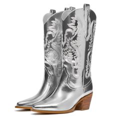 PRICES MAY VARY. 👢[Pull up Tabs] These embroidered metallic silver cowboy boots are especially designed both sides with pull on tabs,which is easy to put on and take off. 👢[Suitable medium heel height] The heel height of these silver cowgirl boots is about 6.4cm/2.5 inches. You will not feel tired even wear on them for a long time. 👢[Classic Embroidery Design] These wide calf silver metalllic boots are designed with classic embroidery. Pull-on style for easy put on and take off, almond-shaped Silver Cowboy Boots, Cowboy Boots For Women, Silver Boots, Boot Pulls, Wide Calf Boots, Wide Calf, Western Cowboy Boots, Boots For Women, Calf Boots