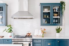 a kitchen with blue cabinets and an oven in the center, surrounded by potted plants