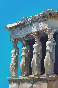 some statues on the side of a building with blue skies in the backround