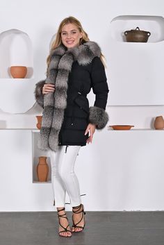 Introducing our Elegant Women's Parka - a meticulously designed masterpiece that combines warmth, style, and versatility for the winter season. This parka is tailored to cater to your every fashion need while providing exceptional comfort. Highlighted by its sumptuous, removable fox fur trim, this parka offers you the freedom to personalize your look effortlessly. Be it an upscale evening affair or a casual winter outing, this parka adapts to your desires with ease. Crafted from top-tier materia Fitted Fur Coat For Cold Weather, Fitted Long Sleeve Fur Coat For Cold Weather, Fitted Winter Fur Coat For Cold Weather, Fitted Fur Coat For Cold Winter Weather, Fitted Fur Coat For Winter, Luxury Long Sleeve Outerwear With Faux Fur Trim, Luxury Fall Parka, Luxury Parka With Faux Fur Trim, Fitted Winter Parka With Faux Fur Trim